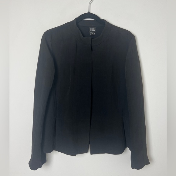 Eileen Fisher Black Textured Silk Blend Peplum Hem Lagenlook Minimalist Jacket L - Picture 1 of 9